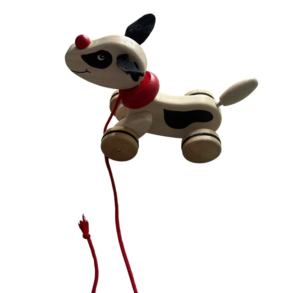 VTG Wooden Pull Toy Dog Spotted Puppy with Red Collar and Spring Tail 1727